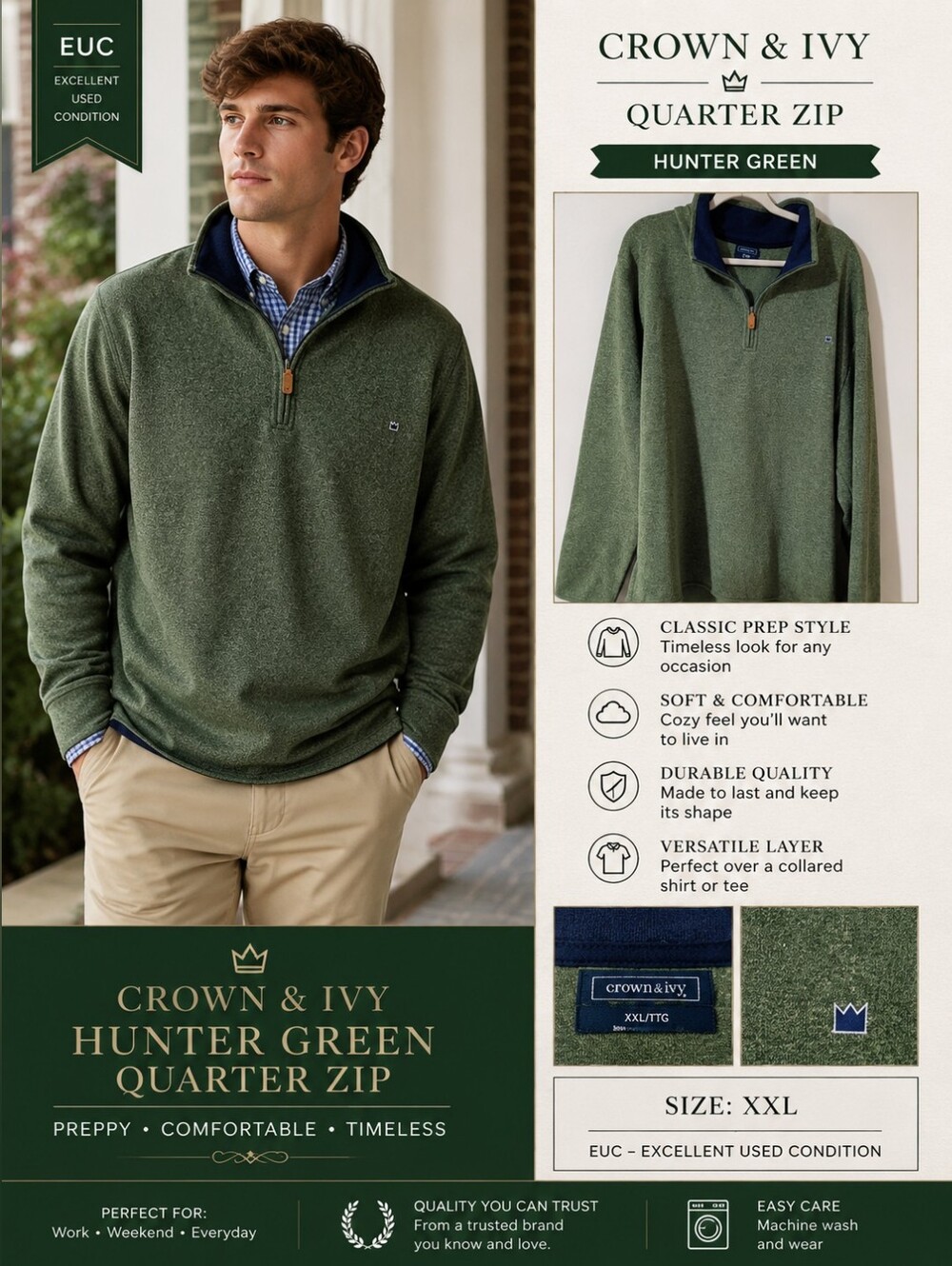 Crown & Ivy Men's Olive Green Half-Zip